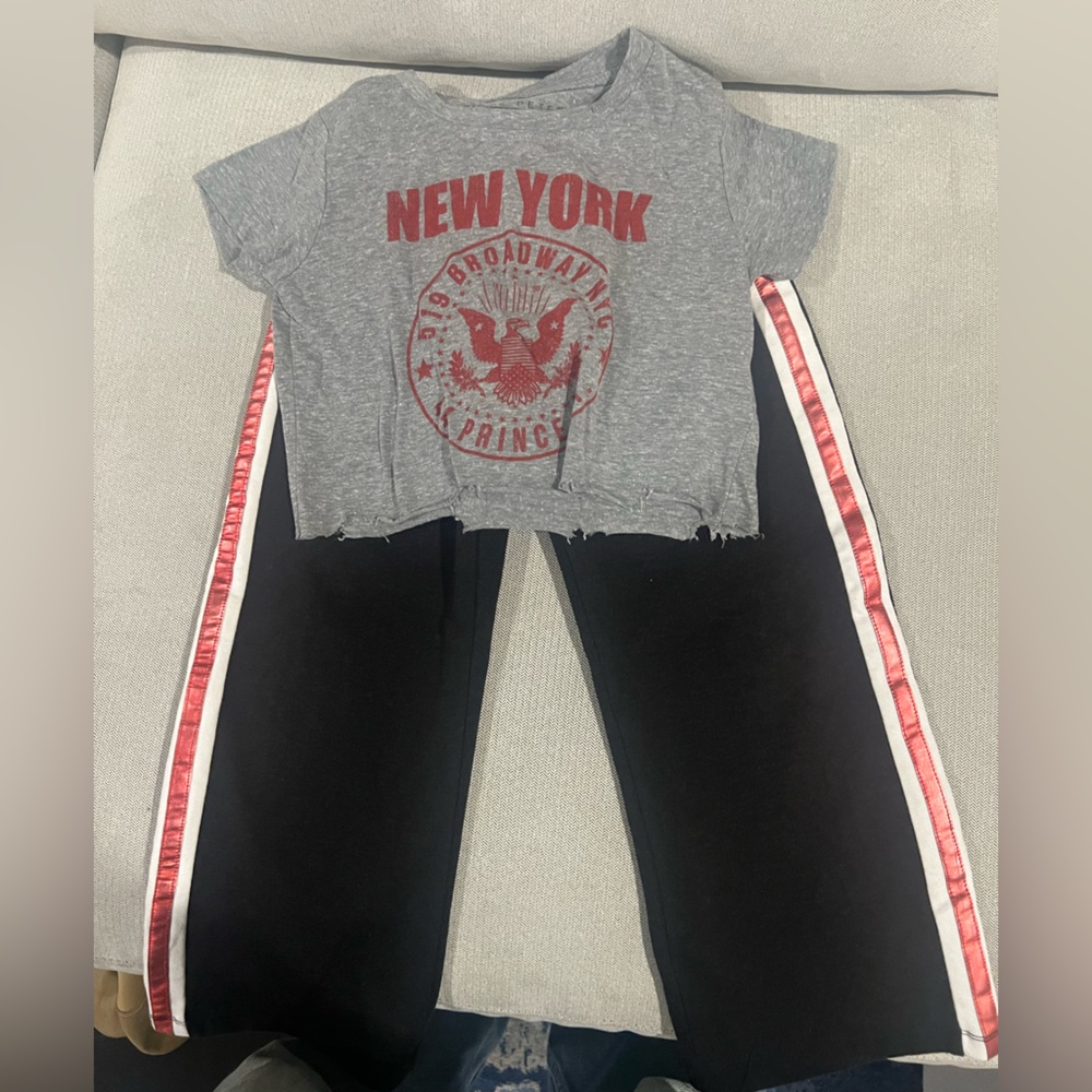 Girls Prince Peter Gray Crop Tee Size S & black made in Italy pants Size 5T